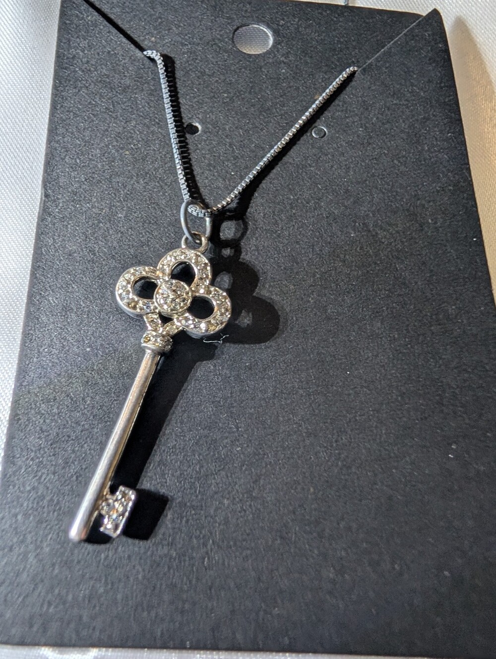 Genuine 925 Sterling Silver Pave Crystal Clover Skeleton Key Pendant Necklace
